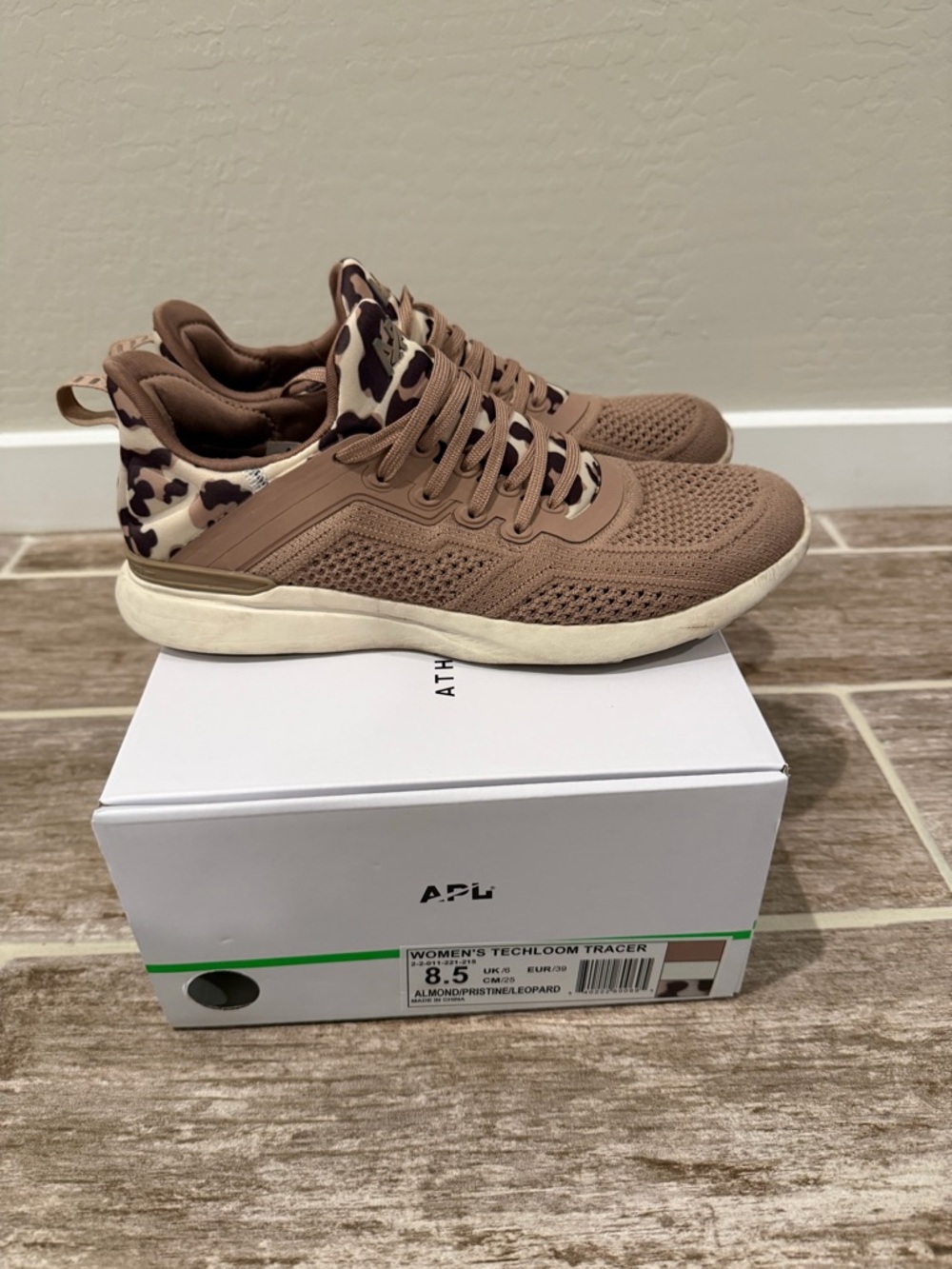 APL Women's Knit Sneakers in Almond Brown with Leopard Print TECHLOOM TRACER - Picture 2 of 5